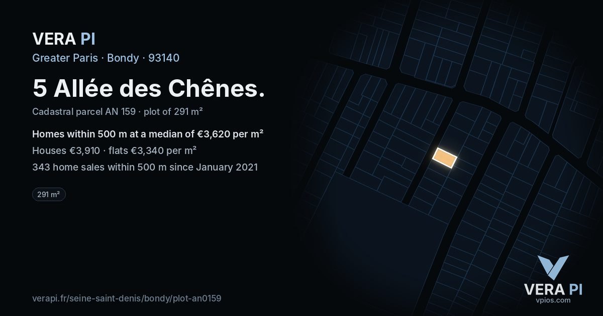 5 Allée des Chênes, Bondy at night – the plot lit, the parcels around coloured by the prices near them