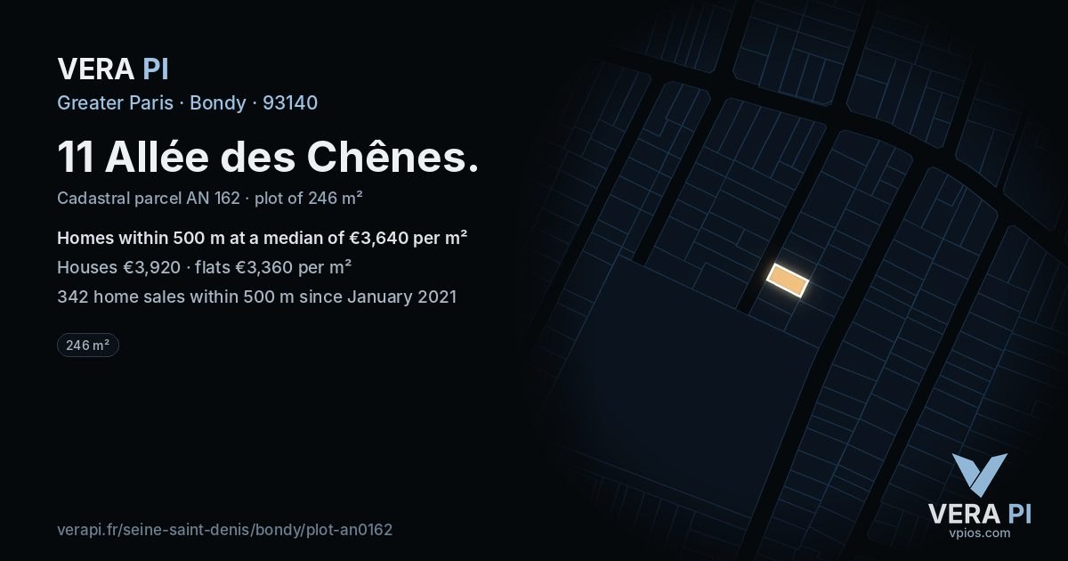 11 Allée des Chênes, Bondy at night – the plot lit, the parcels around coloured by the prices near them