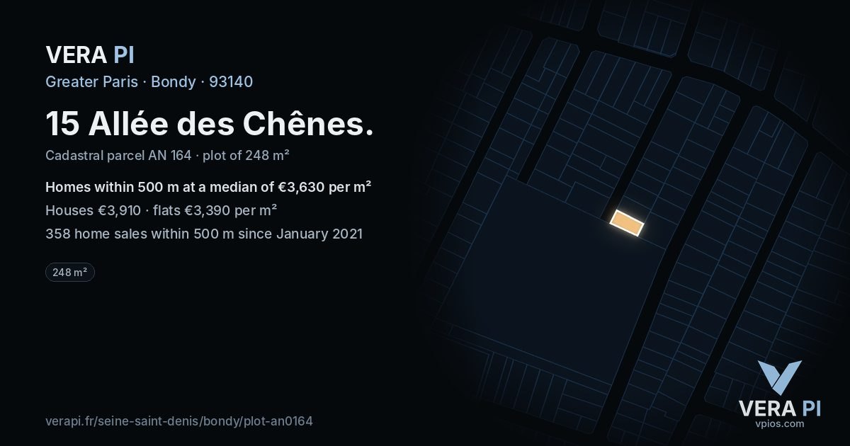 15 Allée des Chênes, Bondy at night – the plot lit, the parcels around coloured by the prices near them