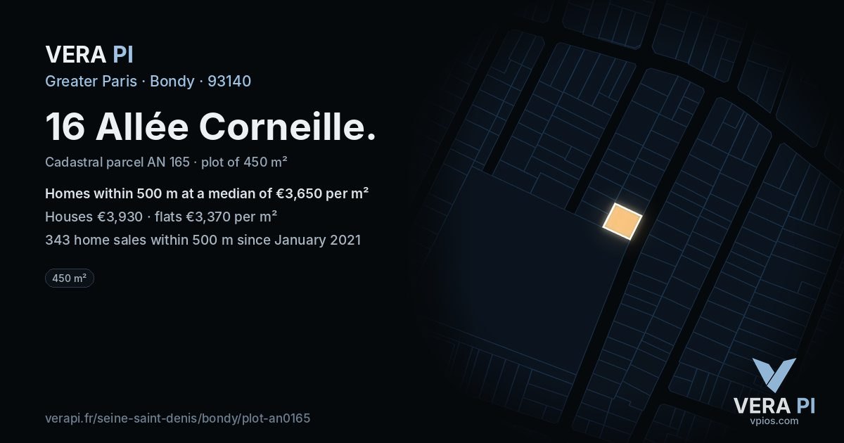 16 Allée Corneille, Bondy at night – the plot lit, the parcels around coloured by the prices near them