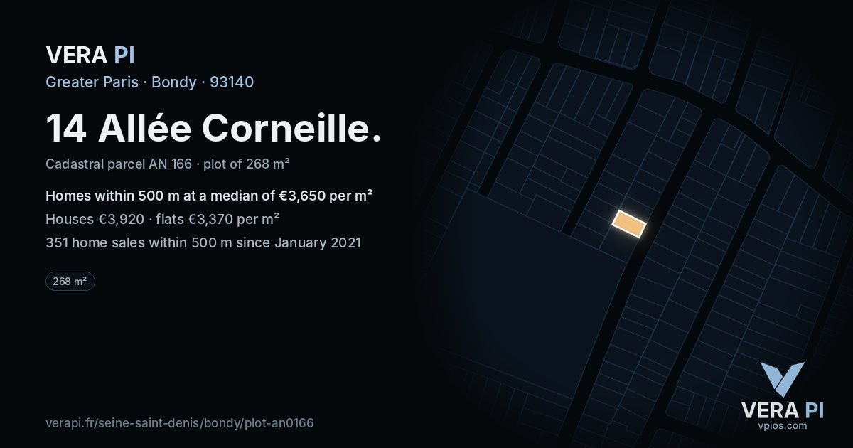 14 Allée Corneille, Bondy at night – the plot lit, the parcels around coloured by the prices near them