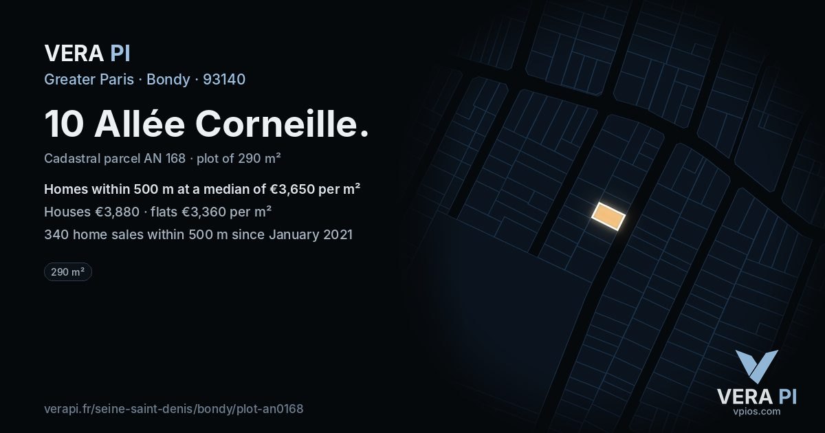 10 Allée Corneille, Bondy at night – the plot lit, the parcels around coloured by the prices near them