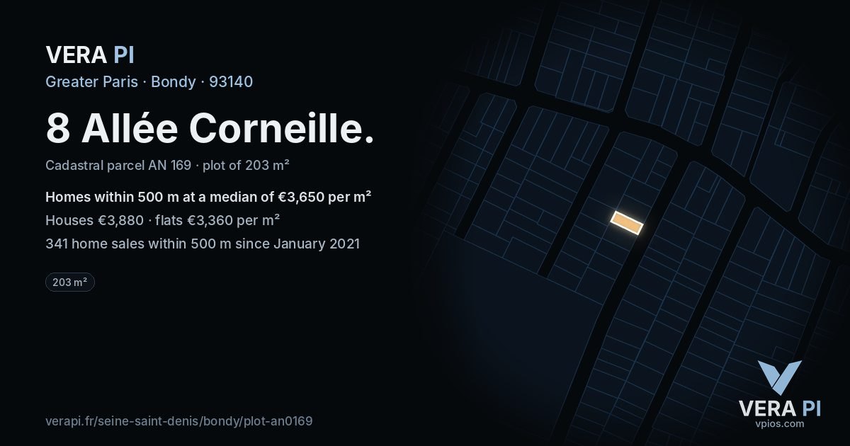 8 Allée Corneille, Bondy at night – the plot lit, the parcels around coloured by the prices near them