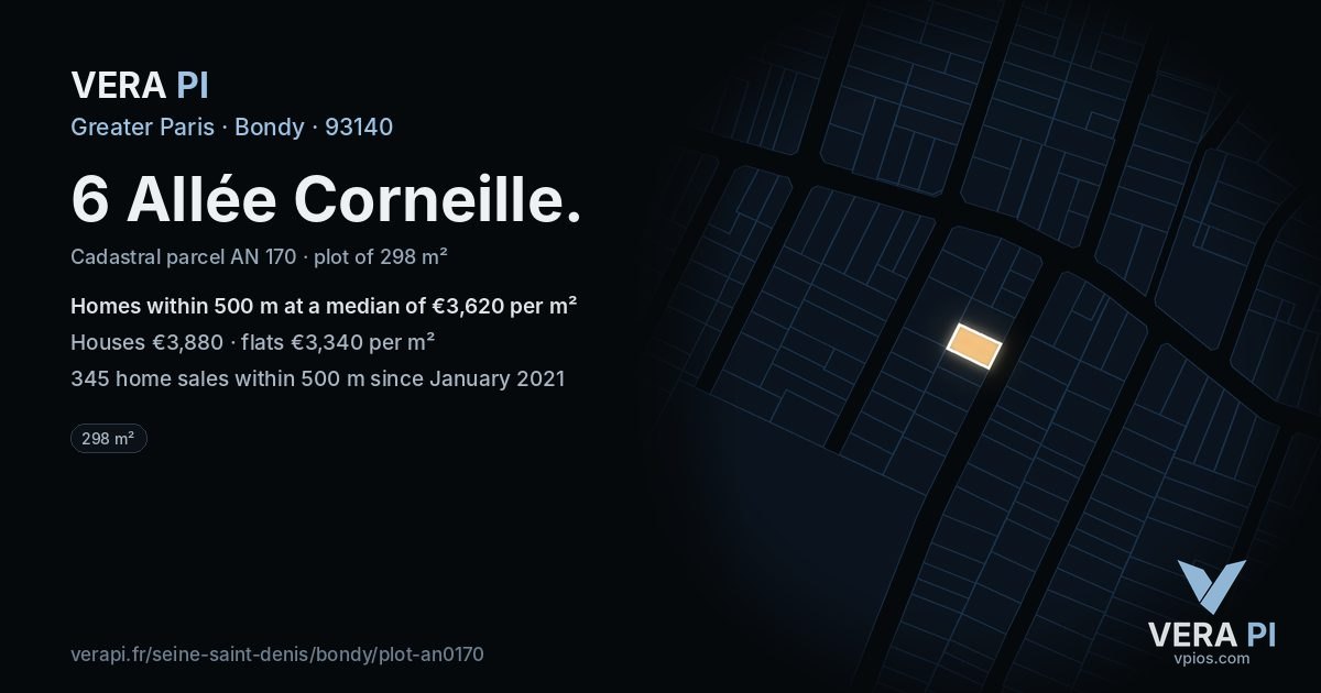 6 Allée Corneille, Bondy at night – the plot lit, the parcels around coloured by the prices near them