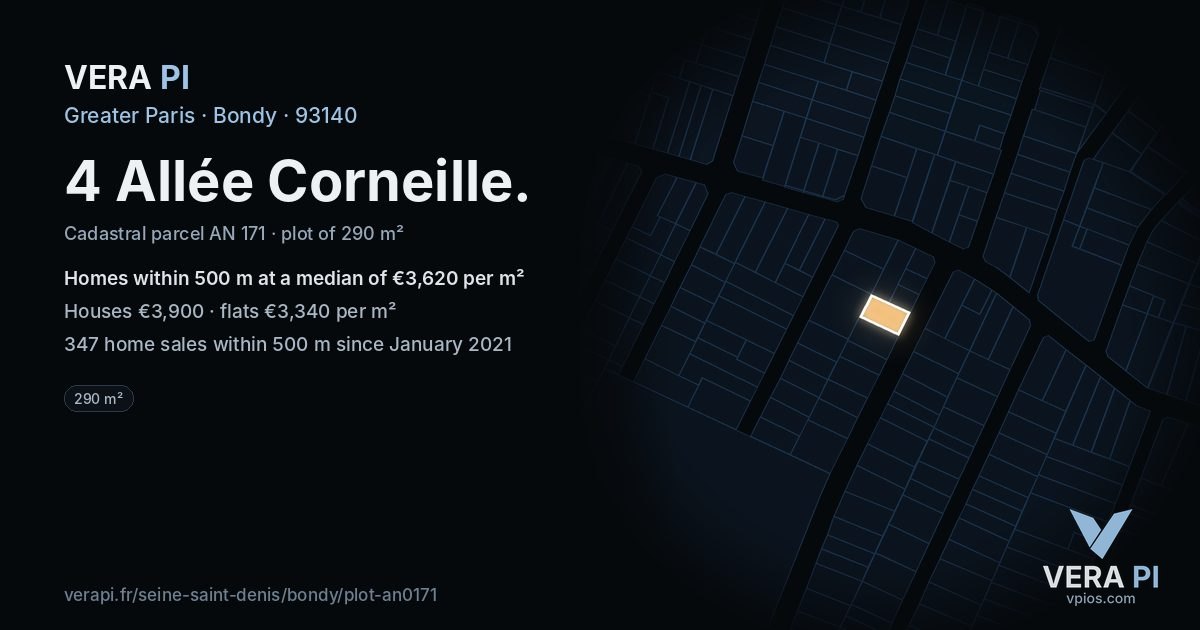4 Allée Corneille, Bondy at night – the plot lit, the parcels around coloured by the prices near them