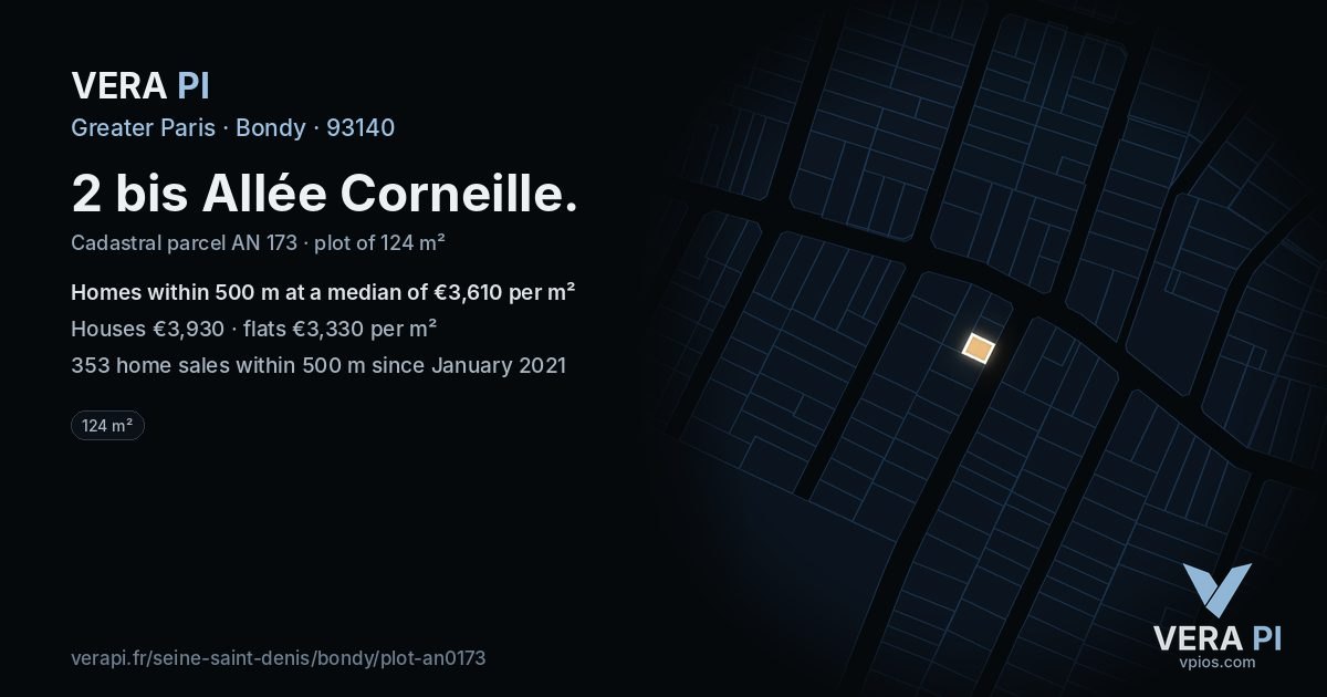 2 bis Allée Corneille, Bondy at night – the plot lit, the parcels around coloured by the prices near them