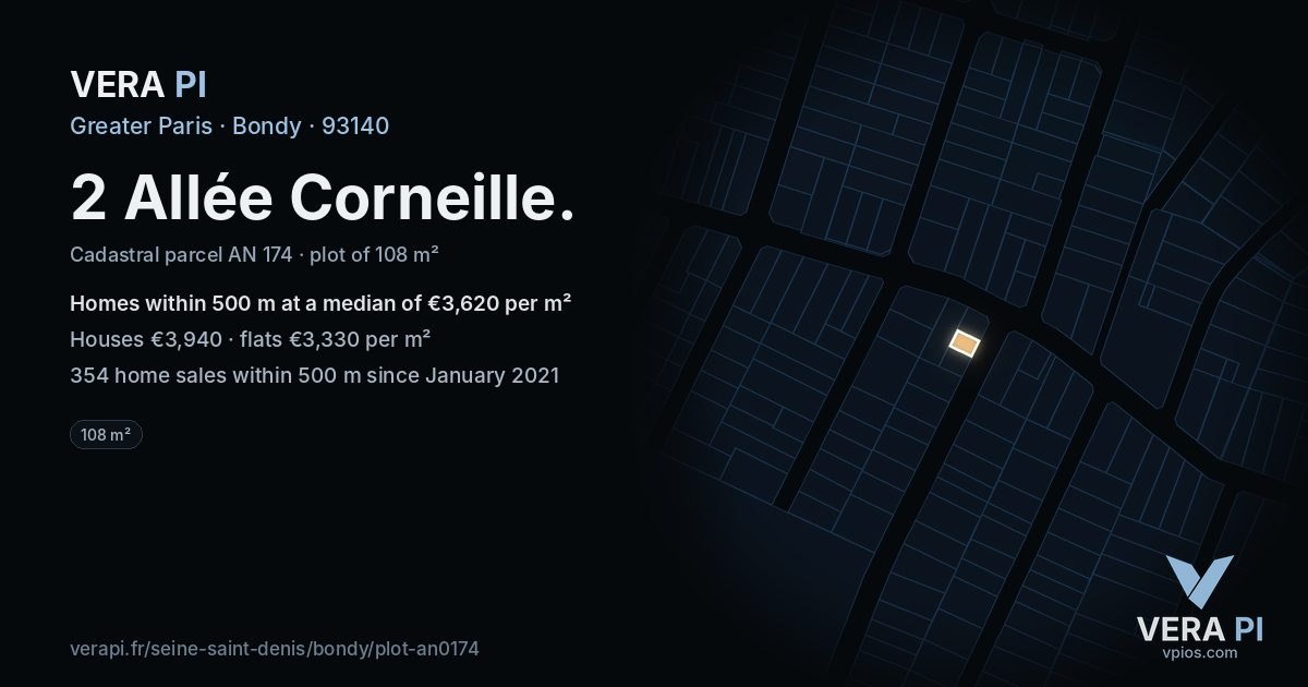 2 Allée Corneille, Bondy at night – the plot lit, the parcels around coloured by the prices near them