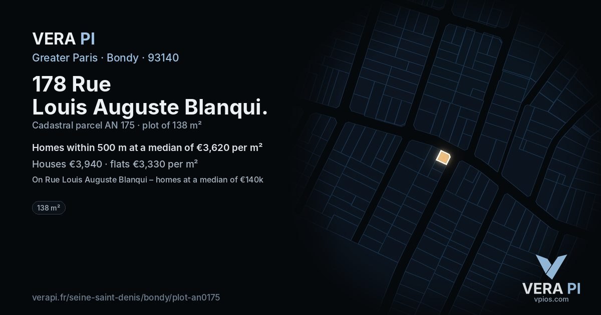 178 Rue Louis Auguste Blanqui, Bondy at night – the plot lit, the parcels around coloured by the prices near them