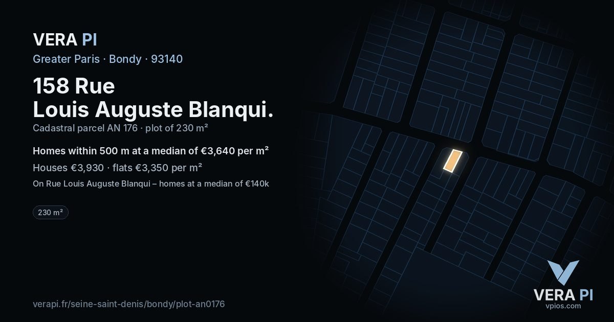 158 Rue Louis Auguste Blanqui, Bondy at night – the plot lit, the parcels around coloured by the prices near them