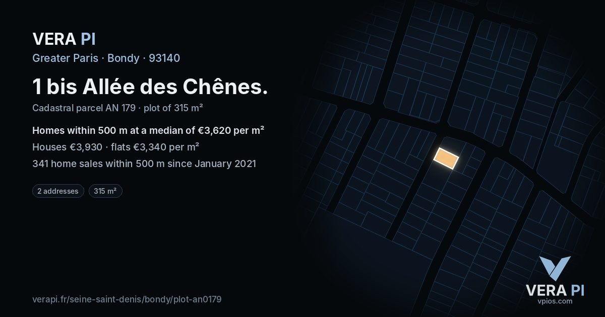 1 bis Allée des Chênes, Bondy at night – the plot lit, the parcels around coloured by the prices near them