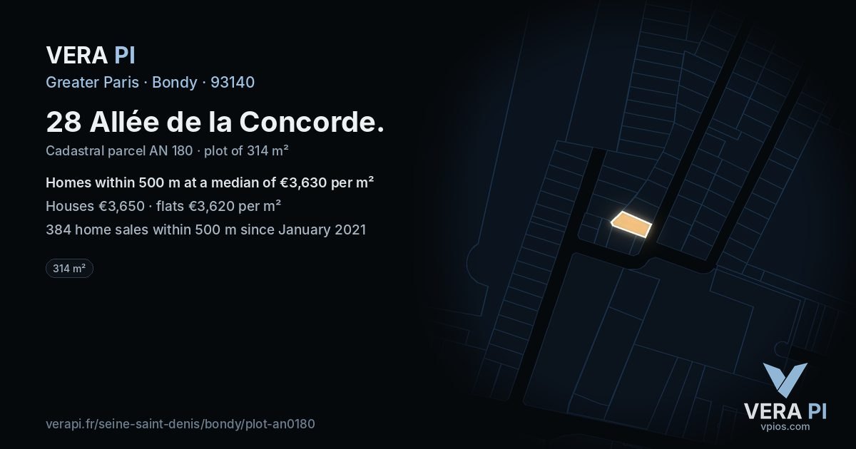 28 Allée de la Concorde, Bondy at night – the plot lit, the parcels around coloured by the prices near them