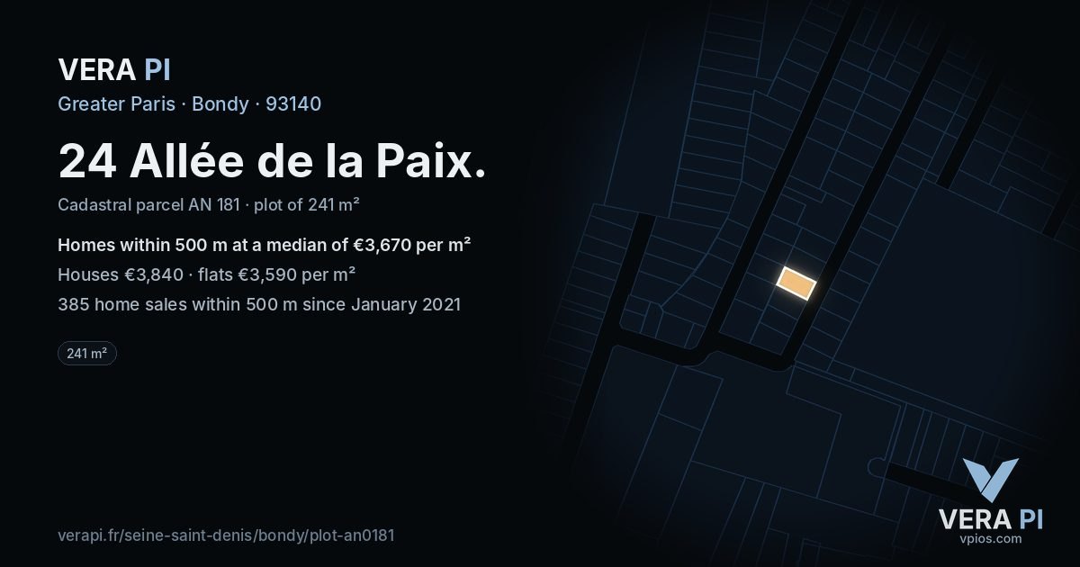 24 Allée de la Paix, Bondy at night – the plot lit, the parcels around coloured by the prices near them