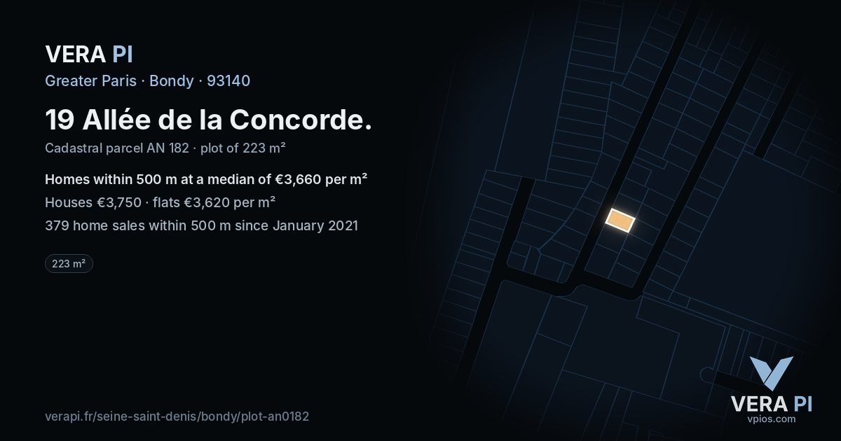 19 Allée de la Concorde, Bondy at night – the plot lit, the parcels around coloured by the prices near them