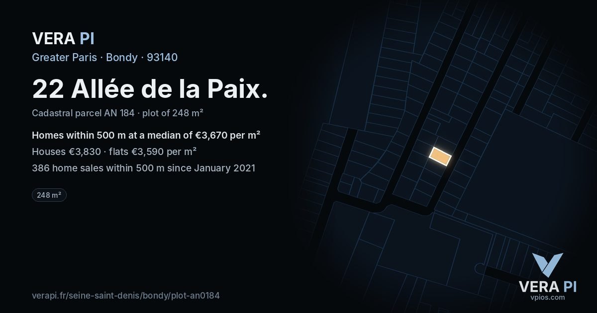 22 Allée de la Paix, Bondy at night – the plot lit, the parcels around coloured by the prices near them