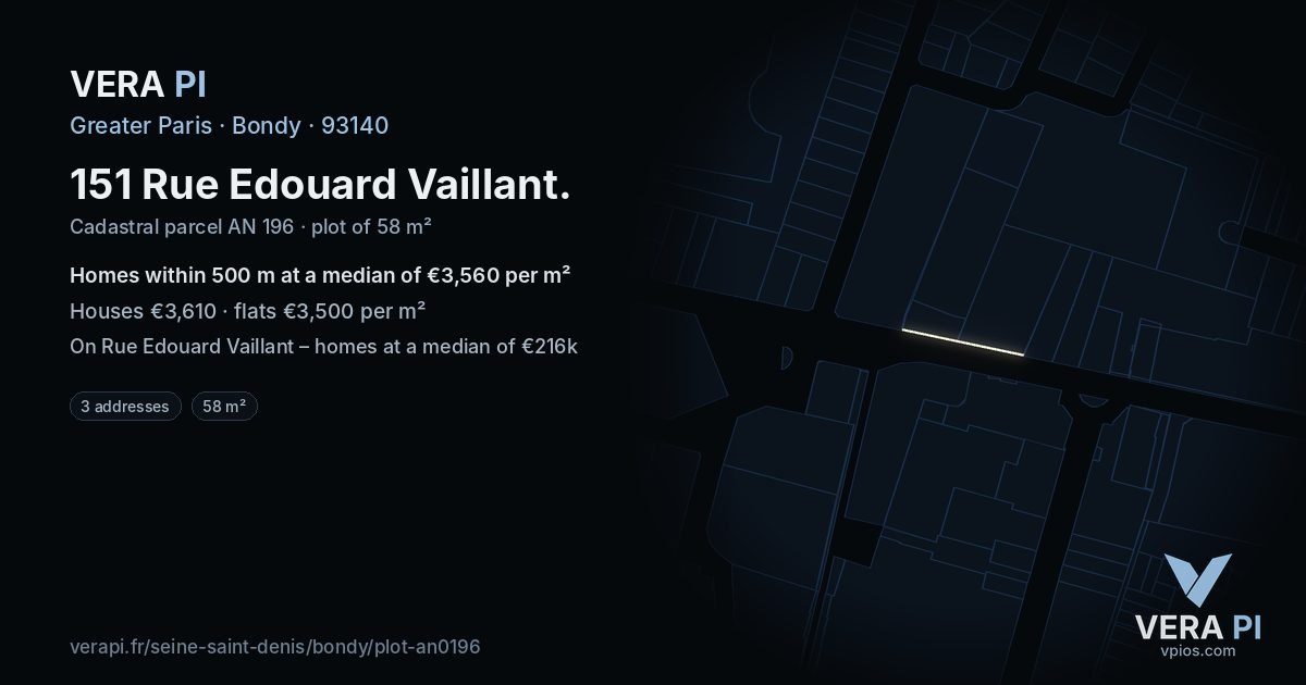 151 Rue Edouard Vaillant, Bondy at night – the plot lit, the parcels around coloured by the prices near them
