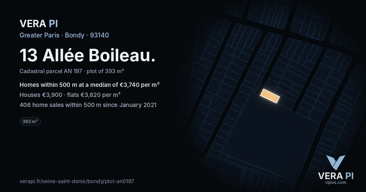 13 Allée Boileau, Bondy at night – the plot lit, the parcels around coloured by the prices near them