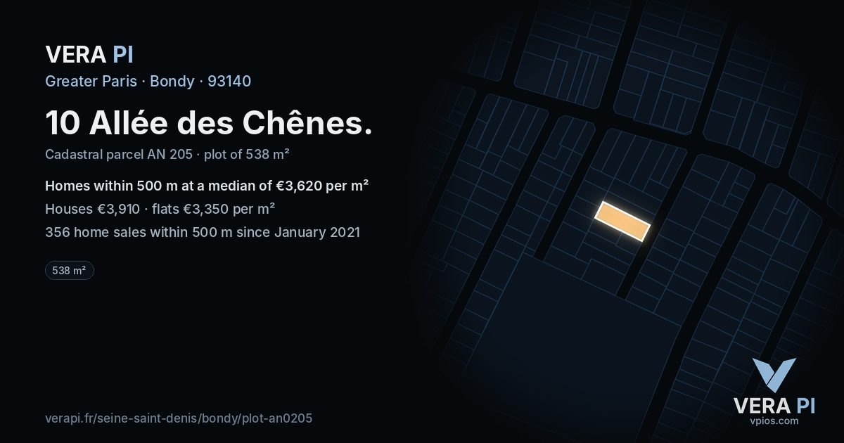 10 Allée des Chênes, Bondy at night – the plot lit, the parcels around coloured by the prices near them