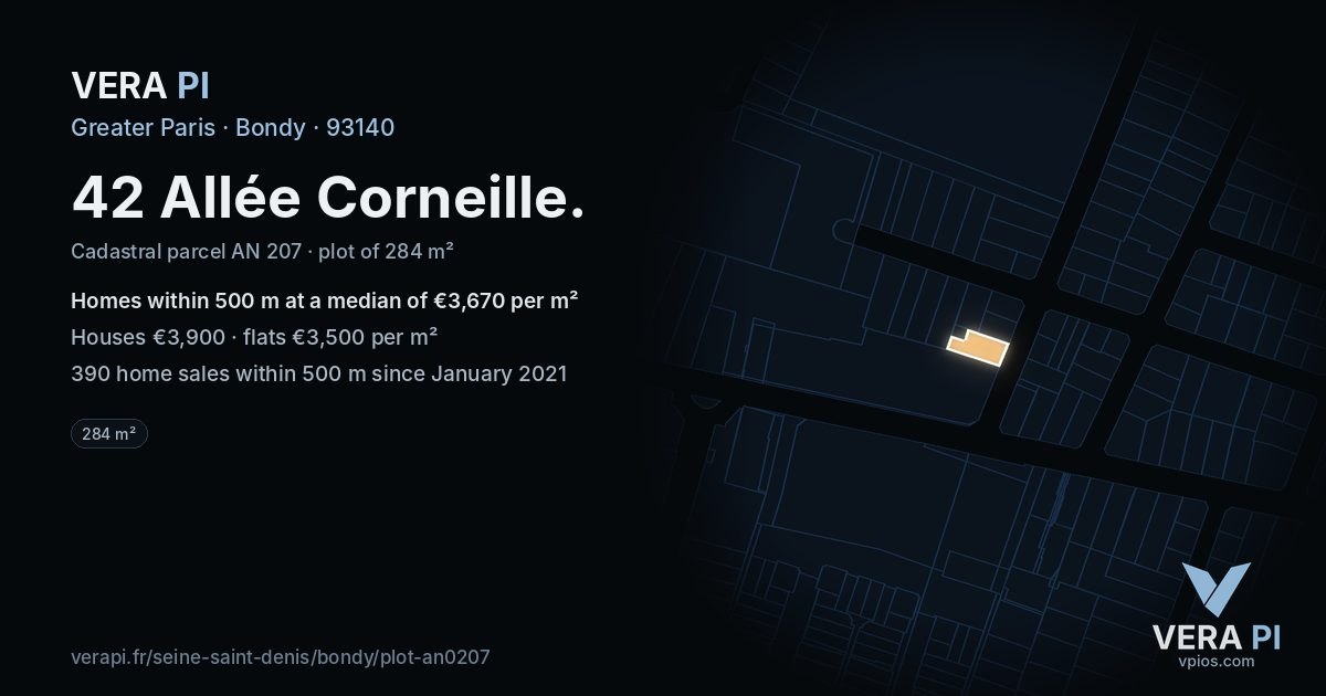 42 Allée Corneille, Bondy at night – the plot lit, the parcels around coloured by the prices near them