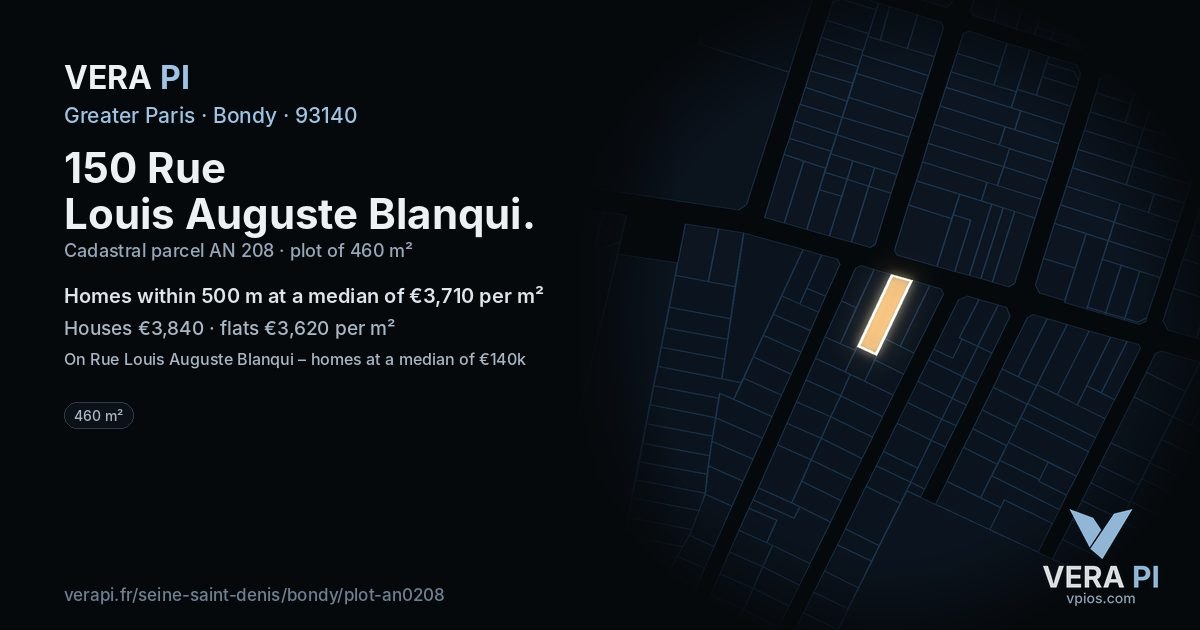150 Rue Louis Auguste Blanqui, Bondy at night – the plot lit, the parcels around coloured by the prices near them