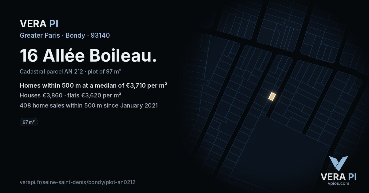 16 Allée Boileau, Bondy at night – the plot lit, the parcels around coloured by the prices near them