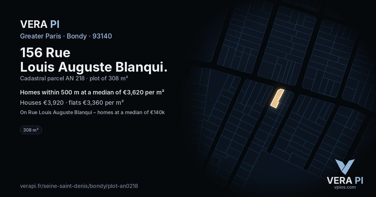 156 Rue Louis Auguste Blanqui, Bondy at night – the plot lit, the parcels around coloured by the prices near them