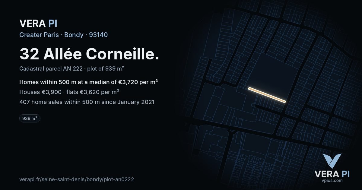 32 Allée Corneille, Bondy at night – the plot lit, the parcels around coloured by the prices near them