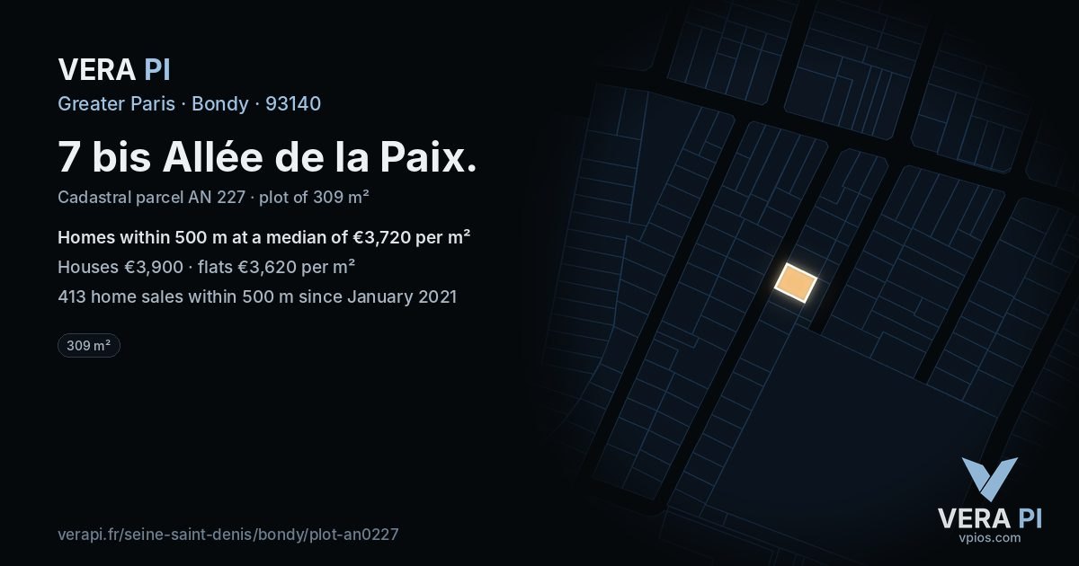7 bis Allée de la Paix, Bondy at night – the plot lit, the parcels around coloured by the prices near them