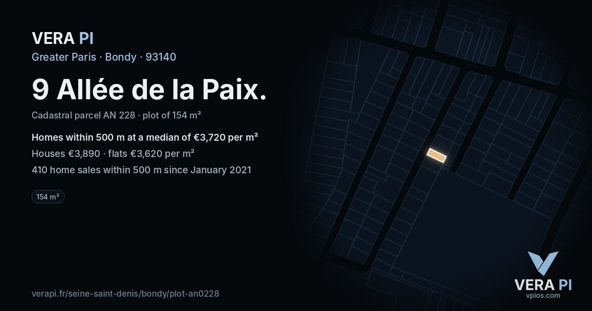 9 Allée de la Paix, Bondy at night – the plot lit, the parcels around coloured by the prices near them