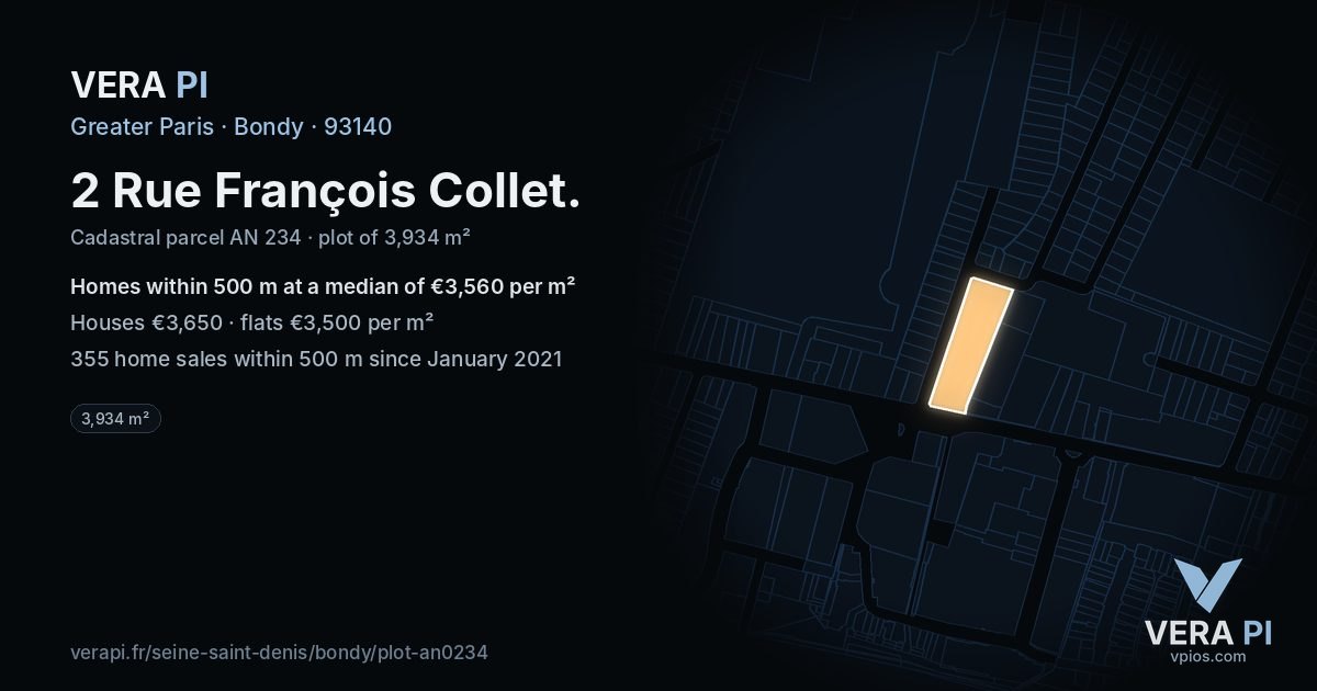 2 Rue François Collet, Bondy at night – the plot lit, the parcels around coloured by the prices near them
