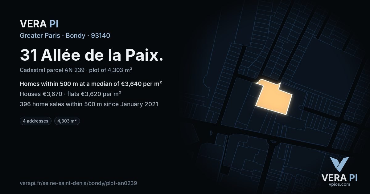 31 Allée de la Paix, Bondy at night – the plot lit, the parcels around coloured by the prices near them
