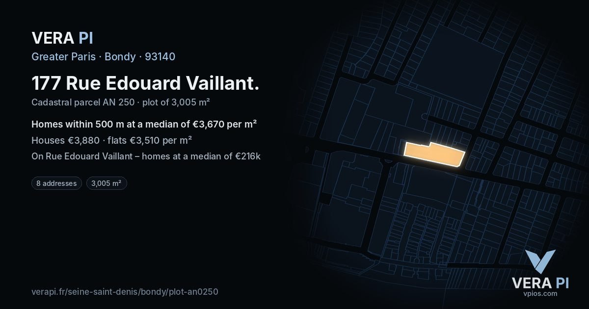177 Rue Edouard Vaillant, Bondy at night – the plot lit, the parcels around coloured by the prices near them