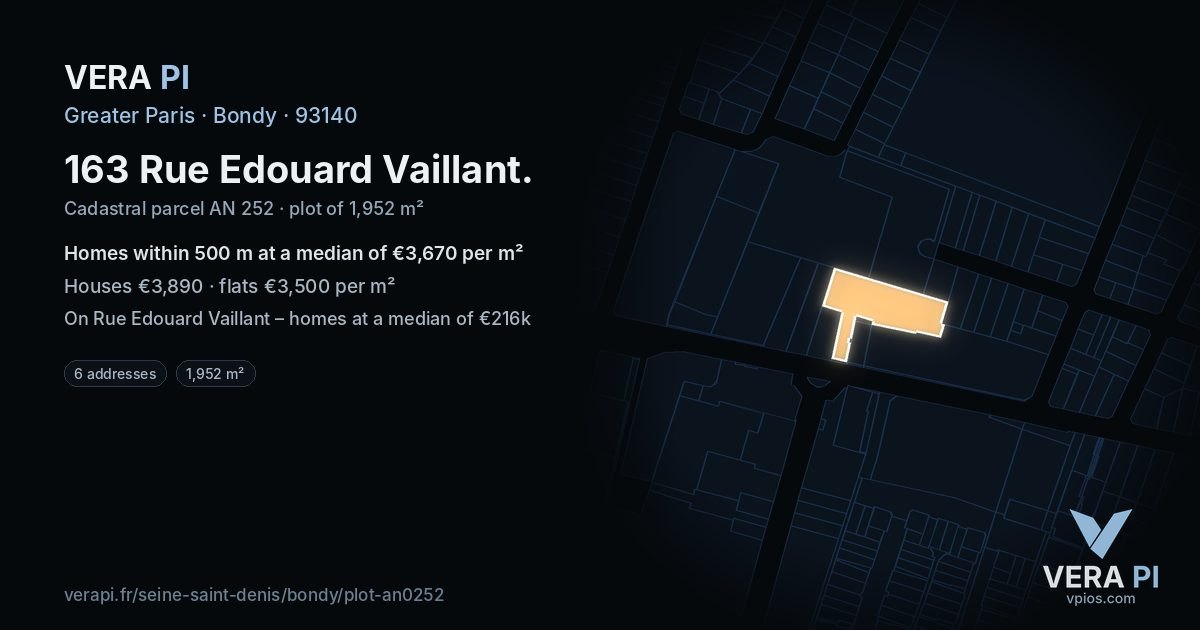 163 Rue Edouard Vaillant, Bondy at night – the plot lit, the parcels around coloured by the prices near them