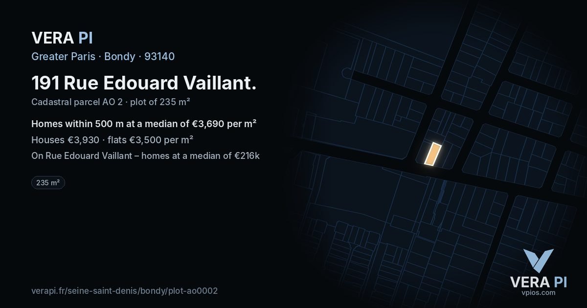 191 Rue Edouard Vaillant, Bondy at night – the plot lit, the parcels around coloured by the prices near them