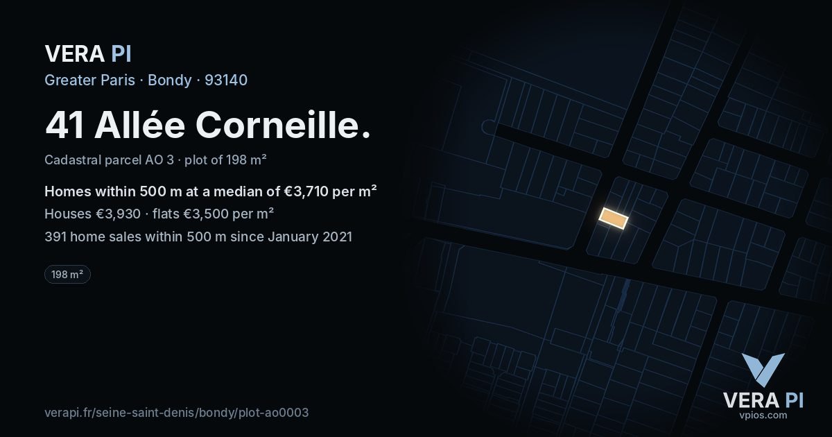 41 Allée Corneille, Bondy at night – the plot lit, the parcels around coloured by the prices near them