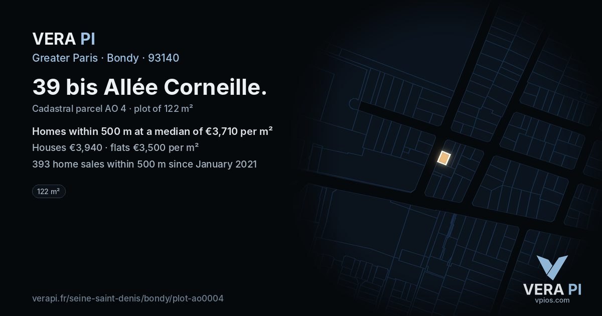 39 bis Allée Corneille, Bondy at night – the plot lit, the parcels around coloured by the prices near them