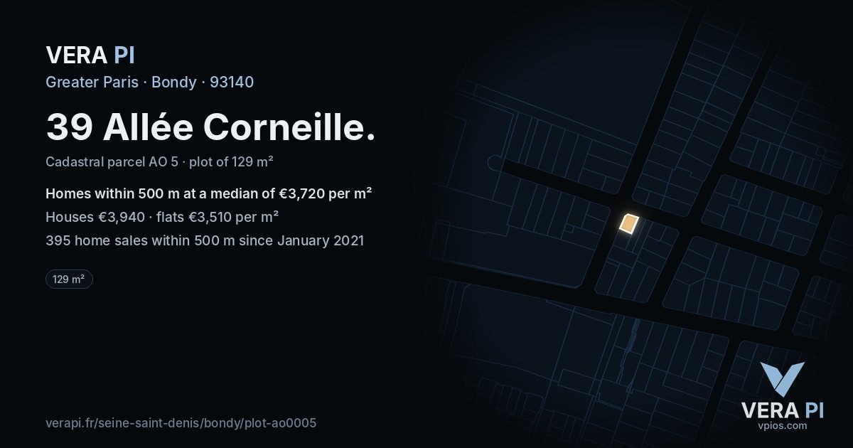 39 Allée Corneille, Bondy at night – the plot lit, the parcels around coloured by the prices near them