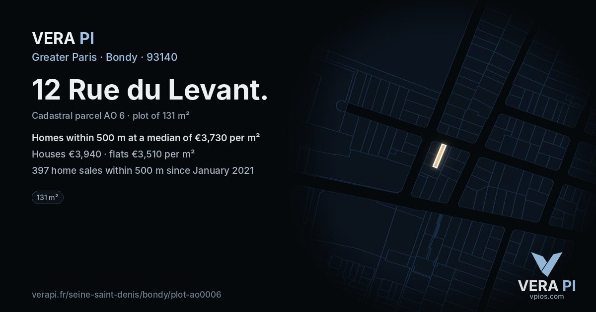 12 Rue du Levant, Bondy at night – the plot lit, the parcels around coloured by the prices near them