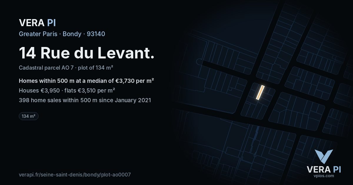 14 Rue du Levant, Bondy at night – the plot lit, the parcels around coloured by the prices near them
