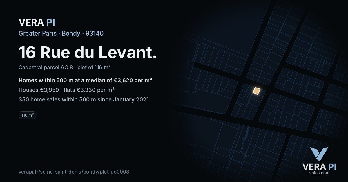 16 Rue du Levant, Bondy at night – the plot lit, the parcels around coloured by the prices near them