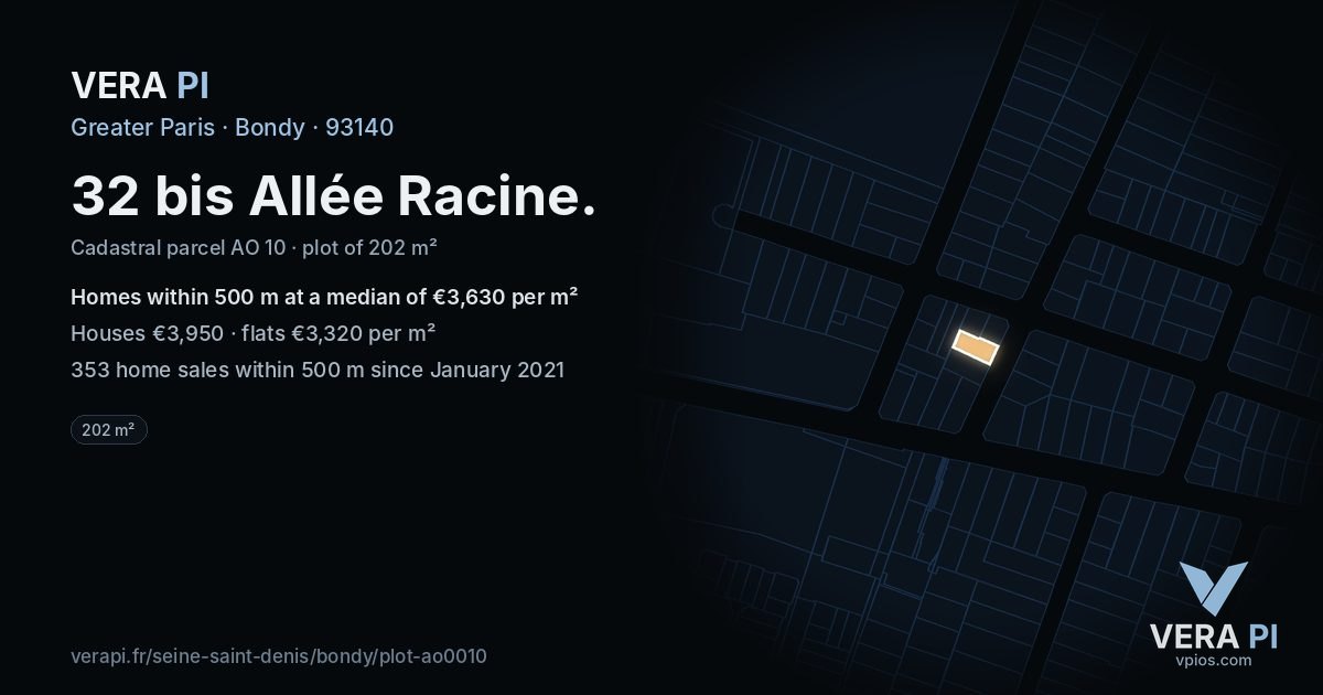 32 bis Allée Racine, Bondy at night – the plot lit, the parcels around coloured by the prices near them