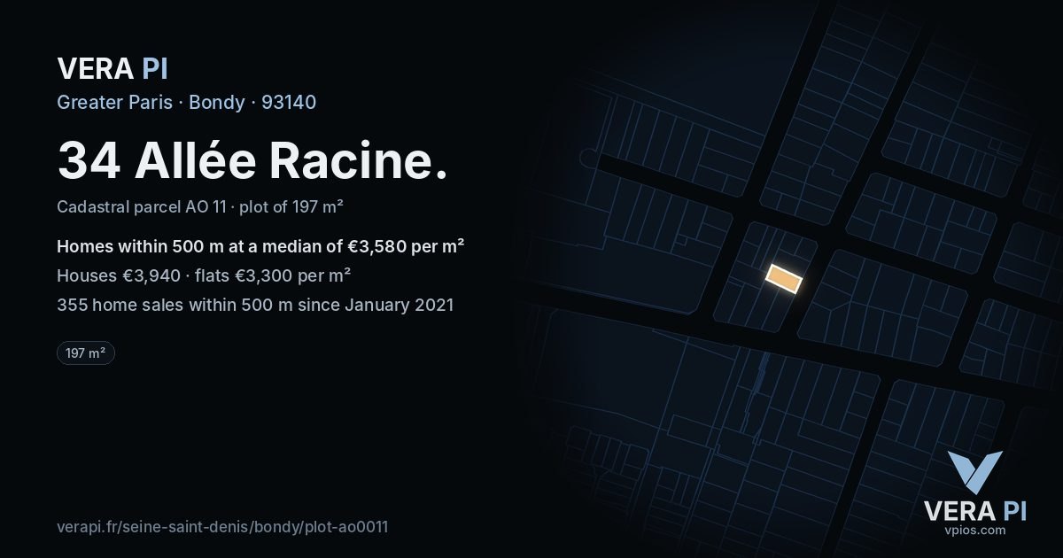 34 Allée Racine, Bondy at night – the plot lit, the parcels around coloured by the prices near them