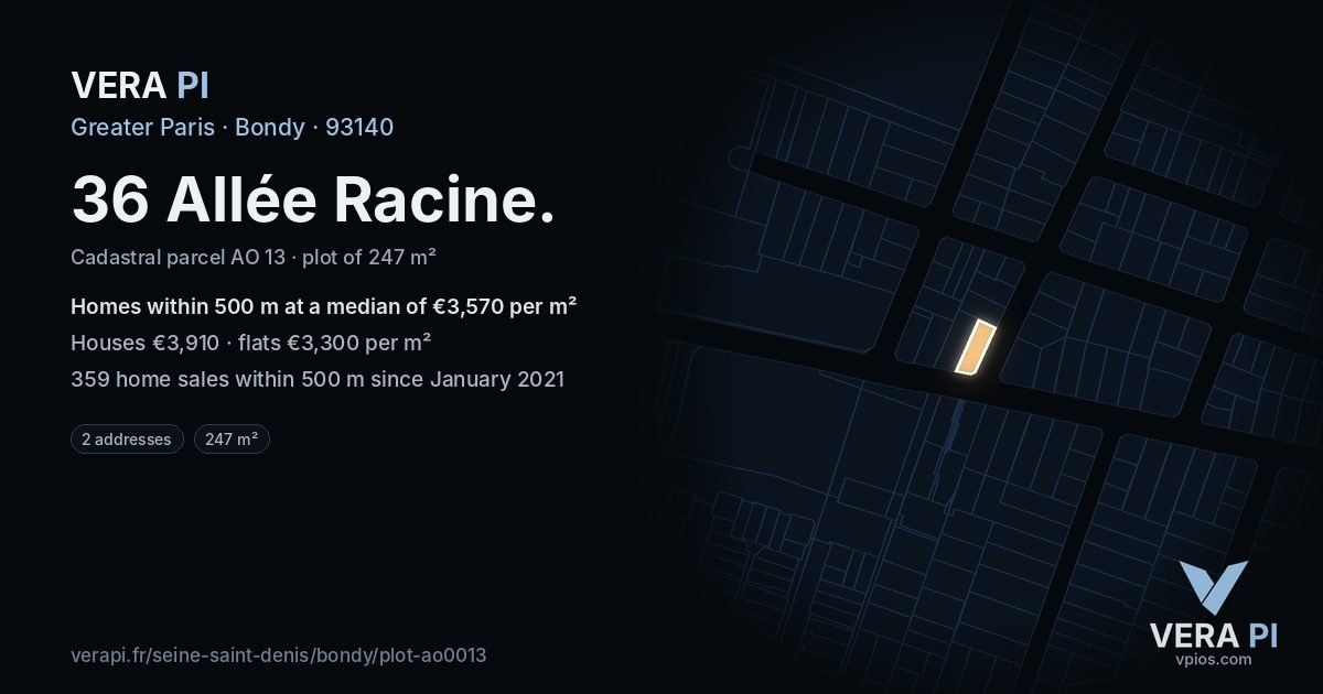 36 Allée Racine, Bondy at night – the plot lit, the parcels around coloured by the prices near them