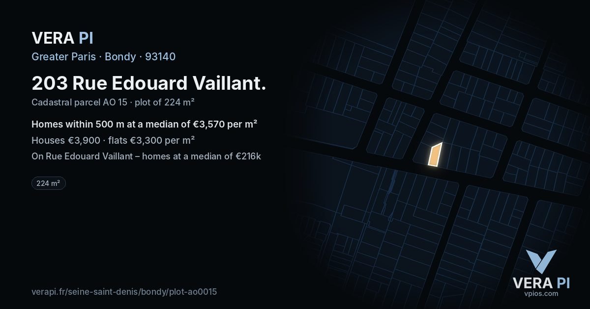 203 Rue Edouard Vaillant, Bondy at night – the plot lit, the parcels around coloured by the prices near them