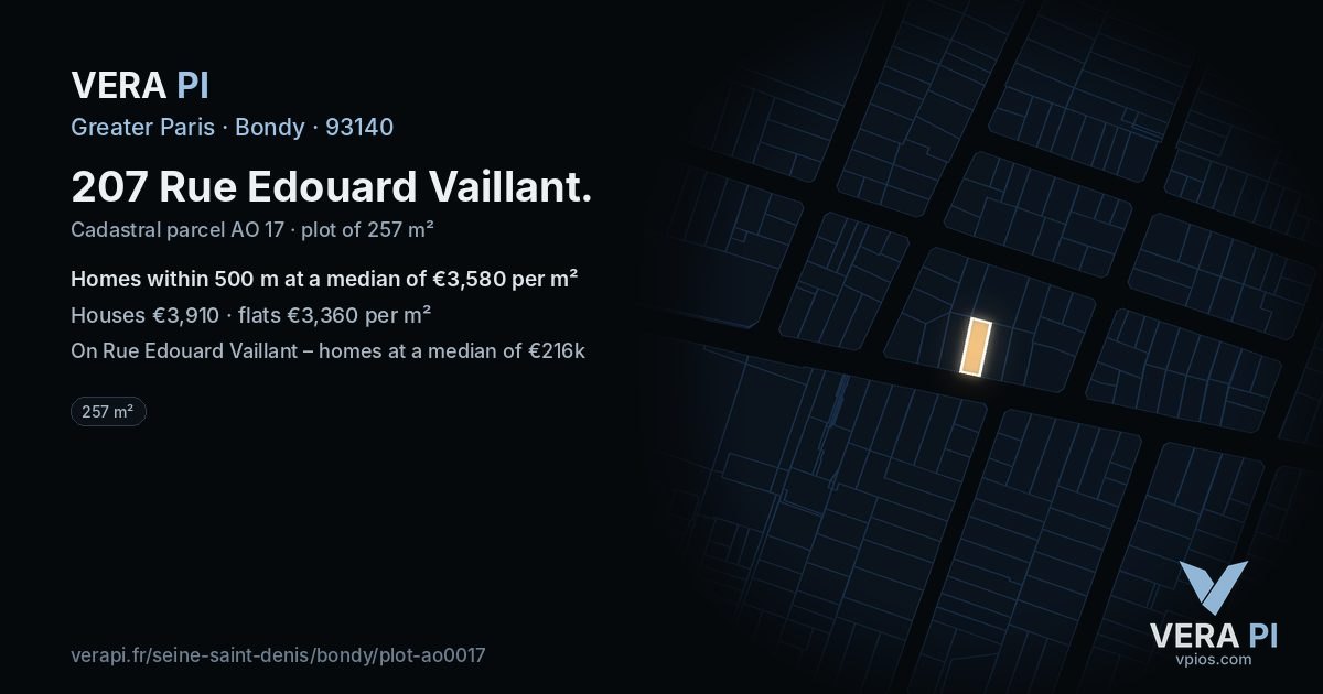 207 Rue Edouard Vaillant, Bondy at night – the plot lit, the parcels around coloured by the prices near them