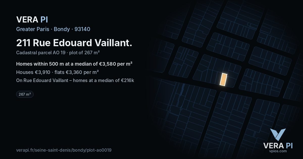 211 Rue Edouard Vaillant, Bondy at night – the plot lit, the parcels around coloured by the prices near them