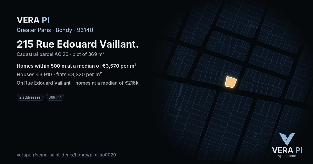 215 Rue Edouard Vaillant, Bondy at night – the plot lit, the parcels around coloured by the prices near them