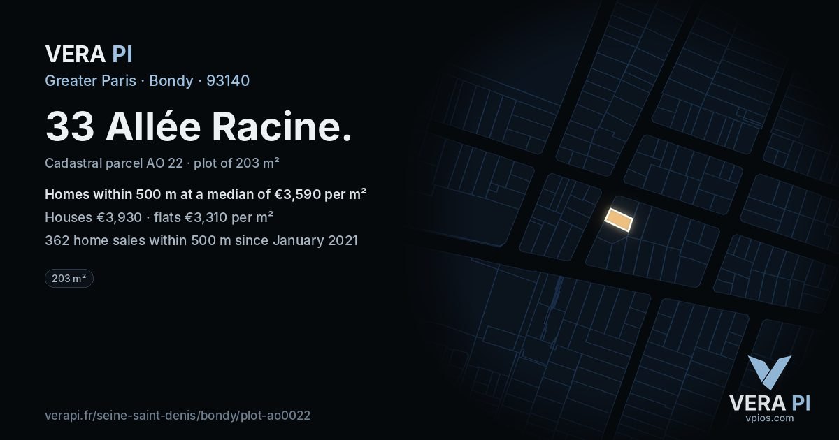 33 Allée Racine, Bondy at night – the plot lit, the parcels around coloured by the prices near them