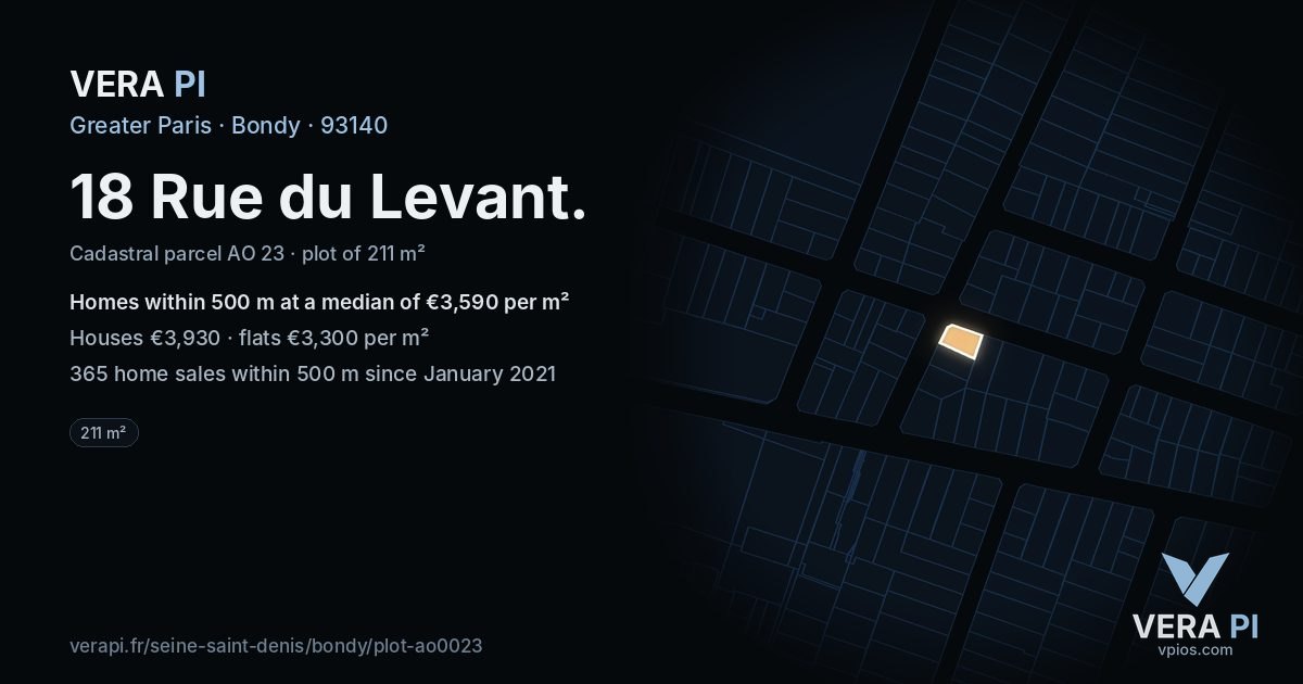 18 Rue du Levant, Bondy at night – the plot lit, the parcels around coloured by the prices near them
