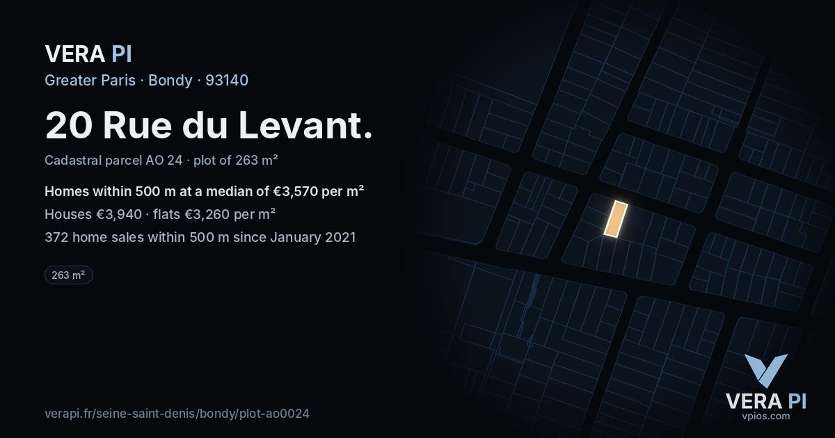 20 Rue du Levant, Bondy at night – the plot lit, the parcels around coloured by the prices near them