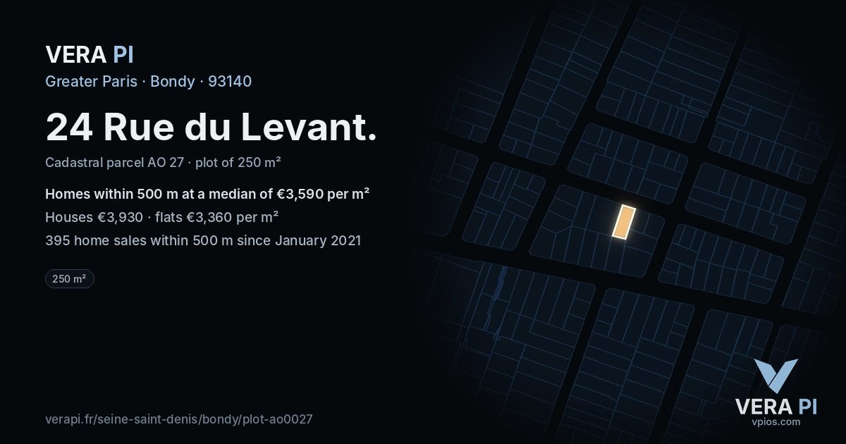 24 Rue du Levant, Bondy at night – the plot lit, the parcels around coloured by the prices near them